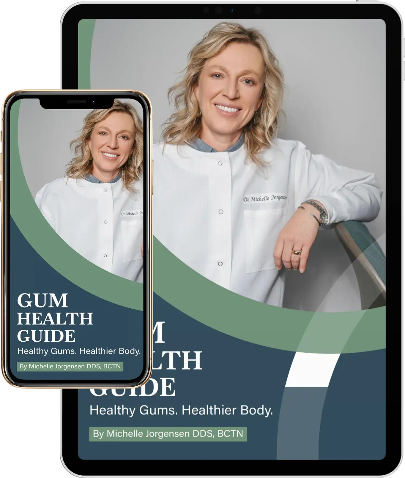 Woman in a white coat with a 'Gum Health Guide' on a tablet and phone.