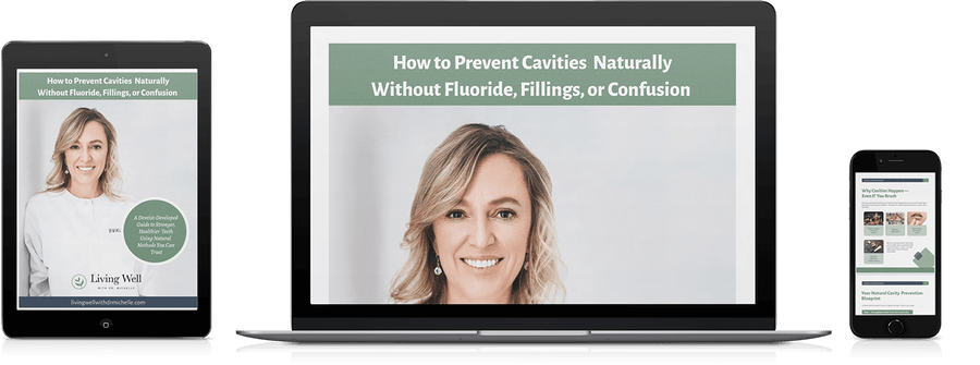 The How to Prevent Cavities Naturally guide shown on a tablet, laptop and phone