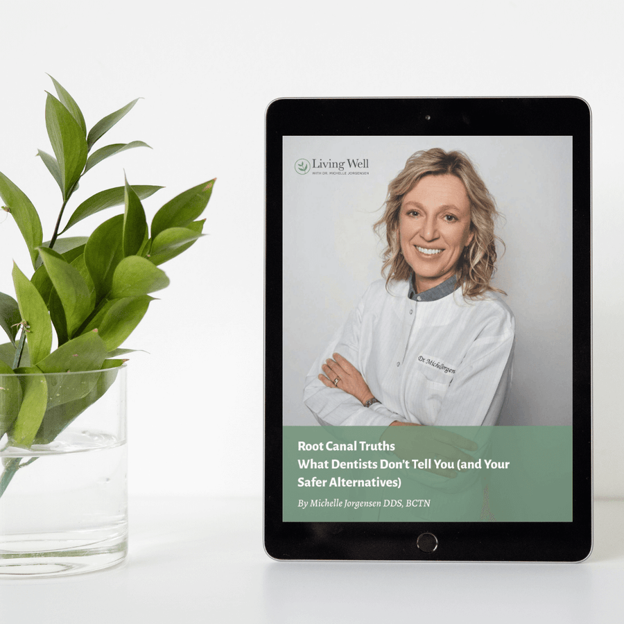 Root Canal Truths, the free guide by Dr. Michelle Jorgensen, shown on a tablet