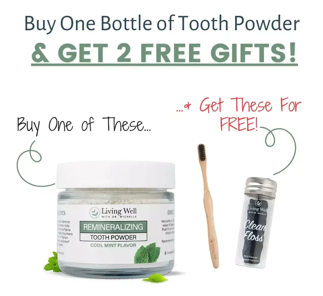Remineralizing Tooth Powder with the free bamboo toothbrush and charcoal floss