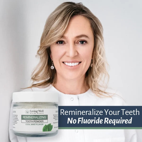 Dr. Michelle holding remineralizing tooth powder with hydroxyapatite formula