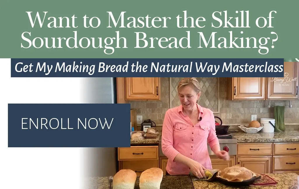 Dr. Michelle in her kitchen with fresh loaves, promoting the Making Bread the Natural Way Masterclass