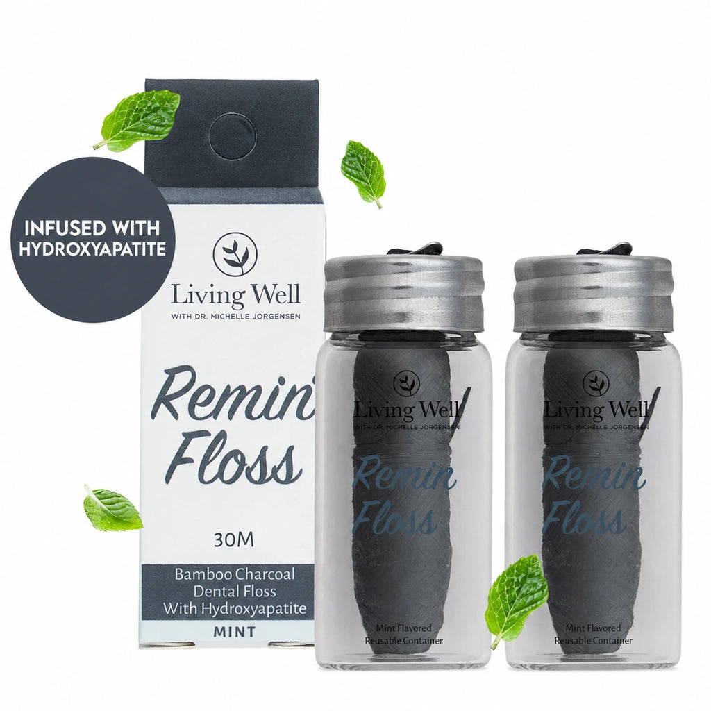 Remin Floss 2-Pack in reusable glass containers — hydroxyapatite-infused dental floss by Living Well