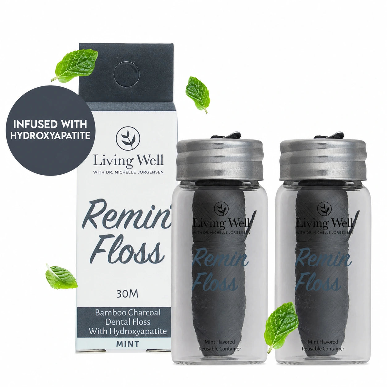 Remin Floss 2-Pack in reusable glass containers — hydroxyapatite-infused dental floss by Living Well